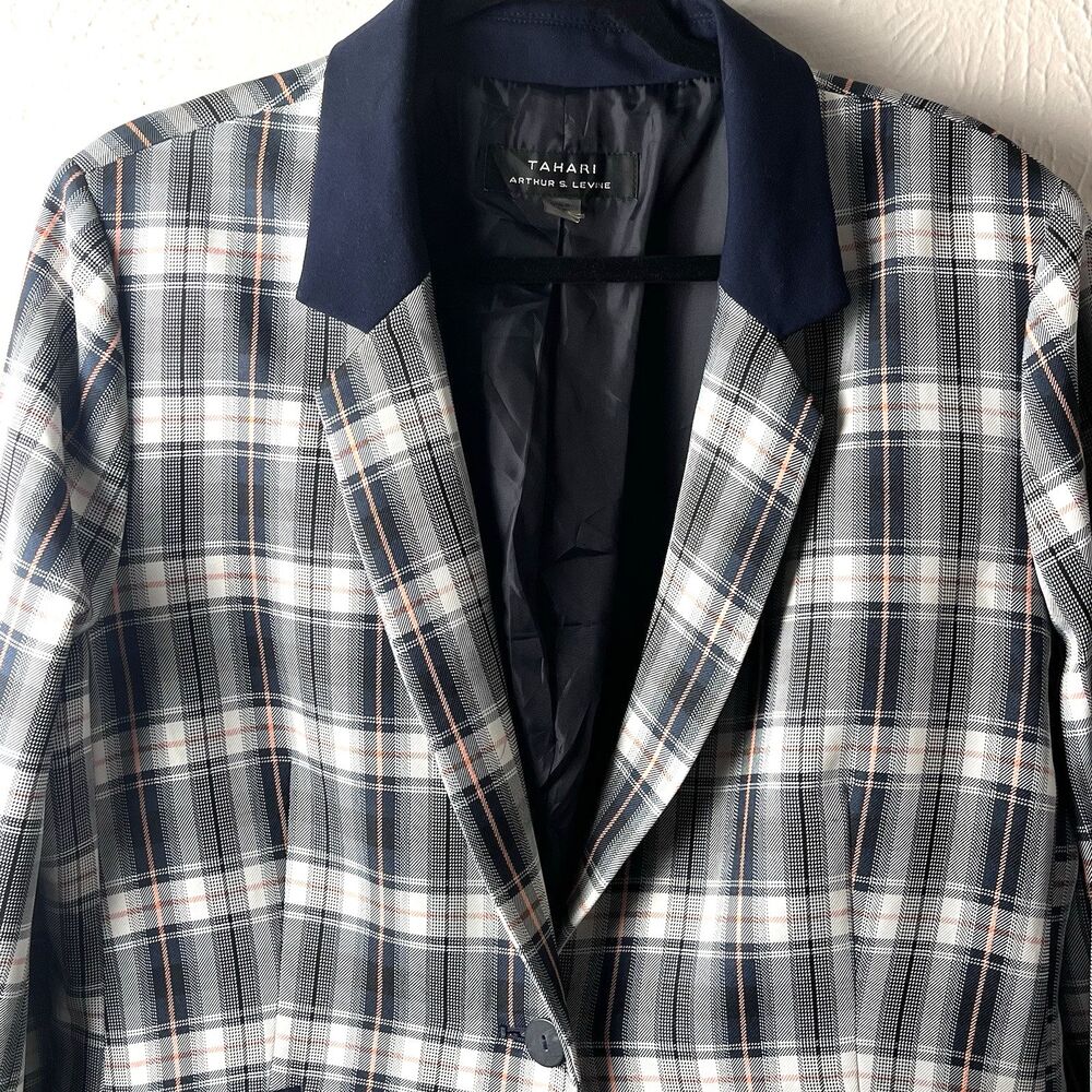 Tahari ASL Gray Navy Plaid Blazer Jacket Size 16 Preppy Clueless Old Money - Picture 4 of 9